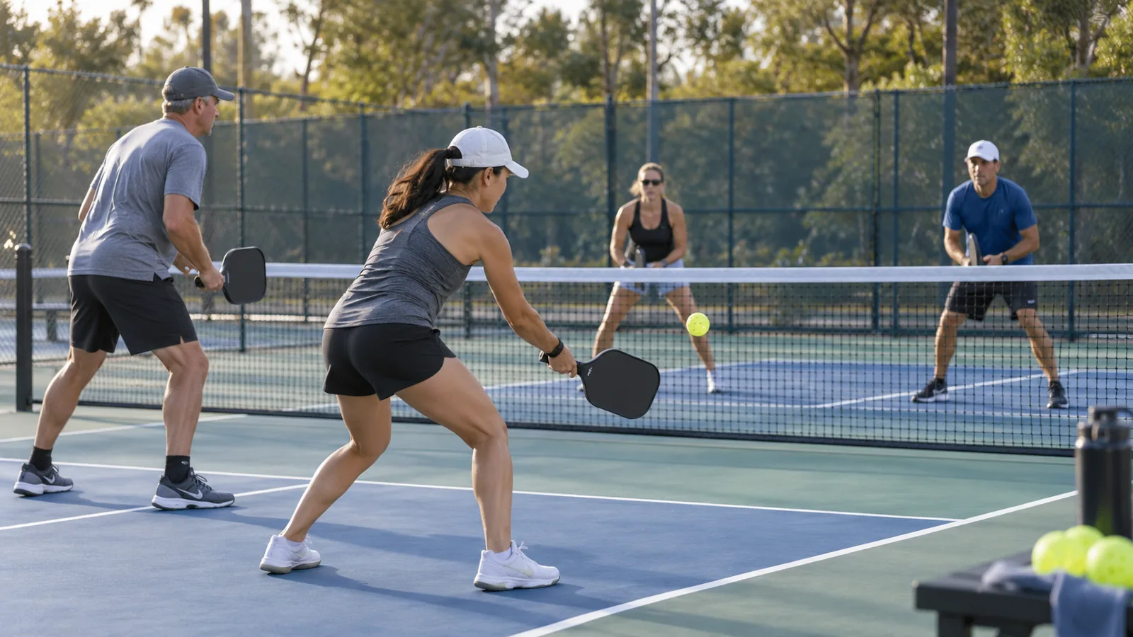 Four pickleball players competing in a doubles match on an outdoor court