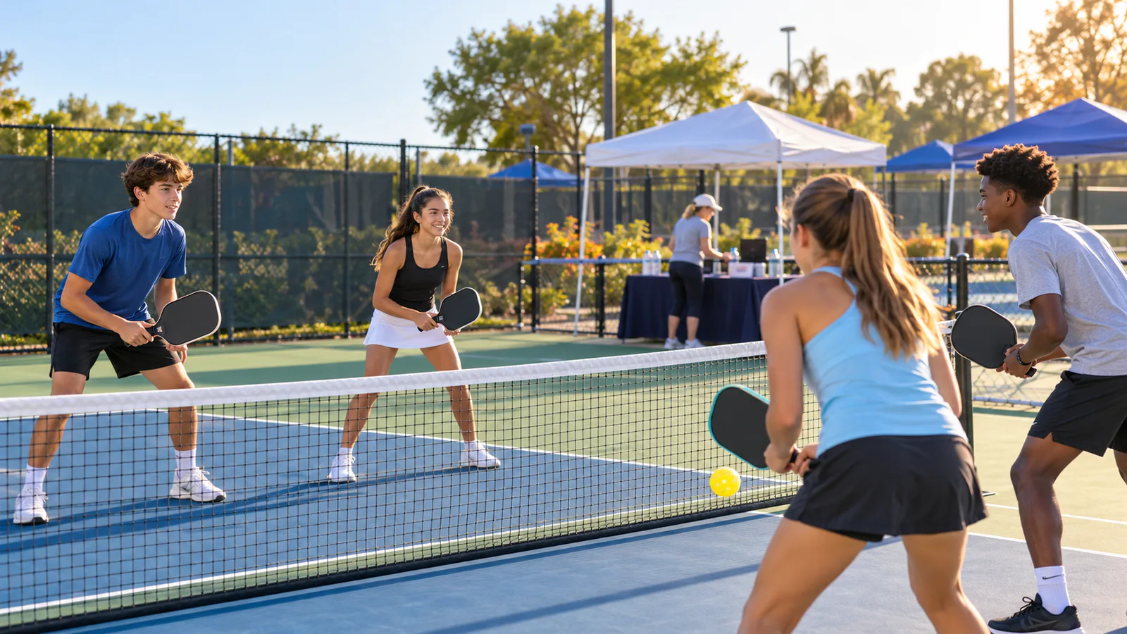 Four junior pickleball players preparing for a doubles match on an outdoor court