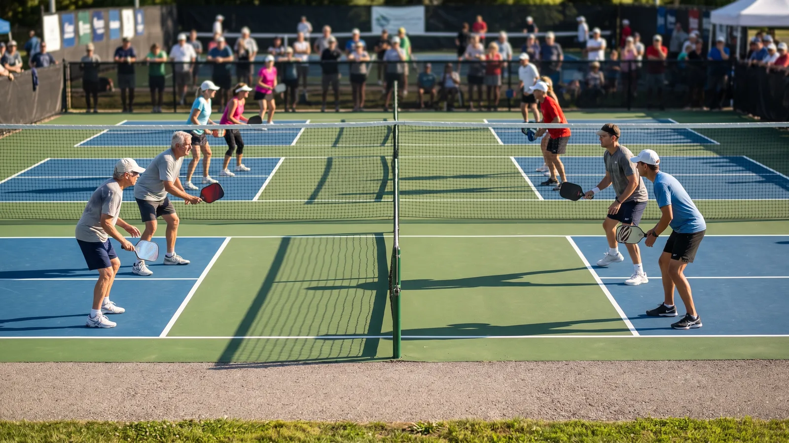 Doubles pickleball players at different skill levels rallying on three adjacent tournament courts