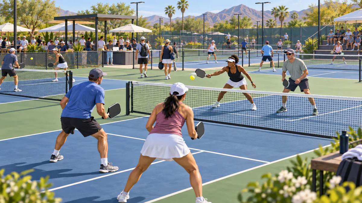 Players competing across several courts at an outdoor pickleball tournament