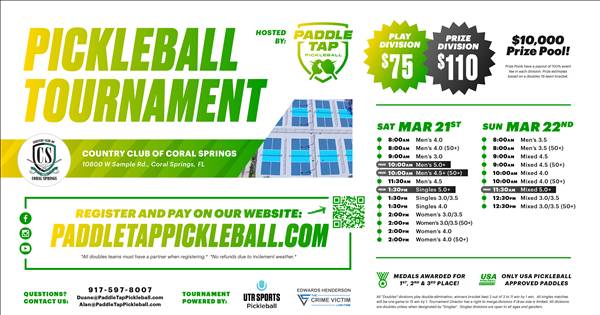 Paddle Tap Pickleball Tournament March 21st-22nd Registration - TEST