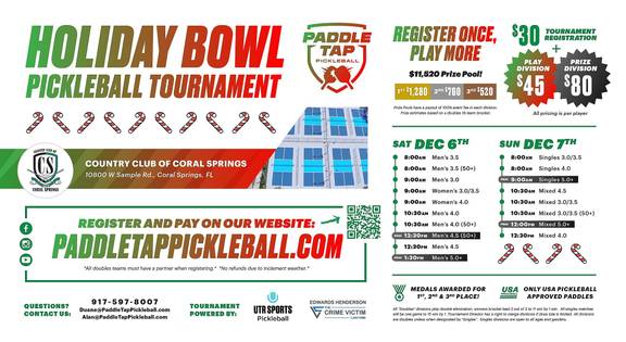 Paddle Tap Pickleball's HOLIDAY BOWL @ Country Club of Coral Springs December 6th-7th