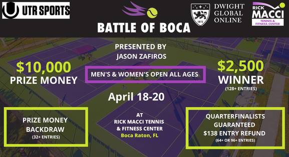 BATTLE OF BOCA-PRESENTED BY JASON  ZAFIROS  - $10,000 Purse Men's & Women's Open with Doubles - QUARTERFINALISTS RECEIVE ENTRY FEE BACK 64+ ENTRIES)  EARLY REGISTRATION RAFFLE - UTR TOURNAMENT - APR 18 - APR 20 2026